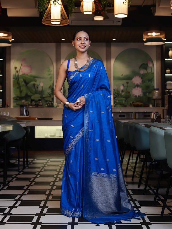 Banarasee Handloom Semi Silk Saree With Sona Rupa Zari Work & Border-Cobalt Blue