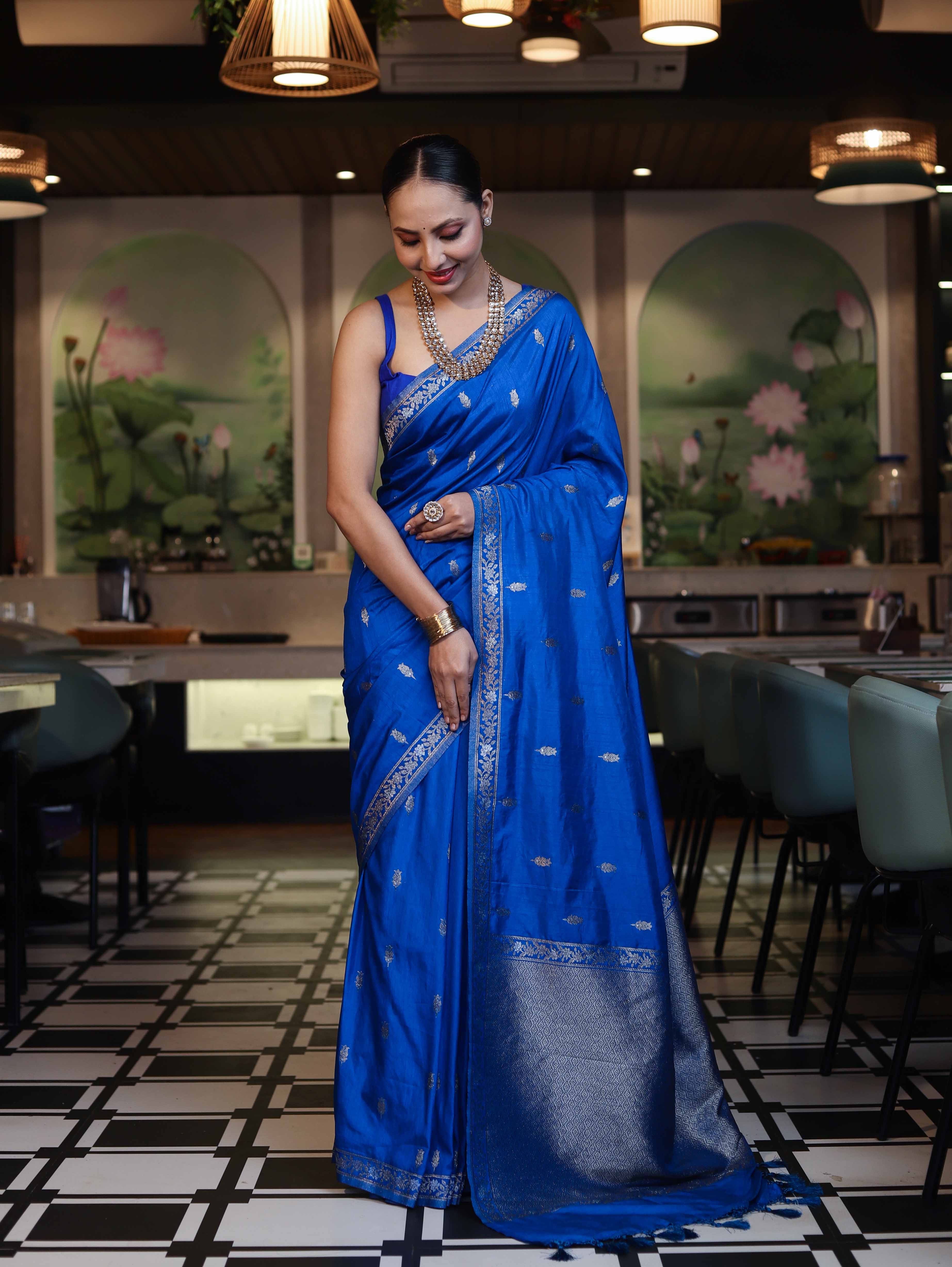 Banarasee Handloom Semi Silk Saree With Sona Rupa Zari Work & Border-Cobalt Blue