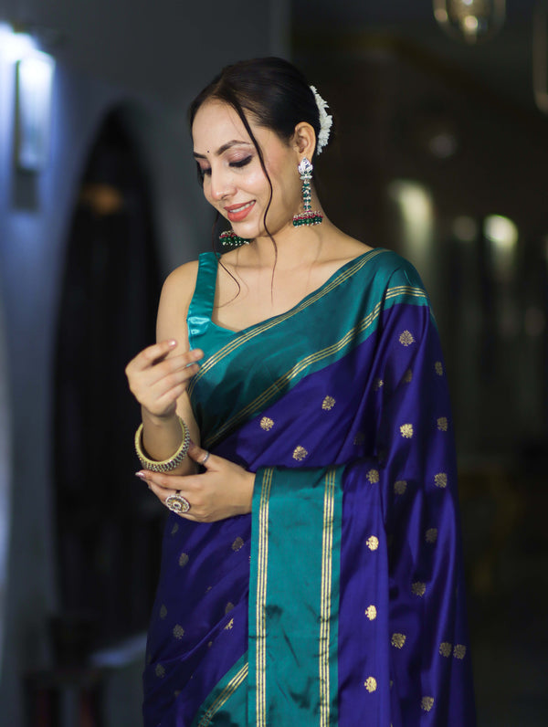Banarasee Handloom Semi Silk Saree With Buti Design & Contrast Border-Violet & Green