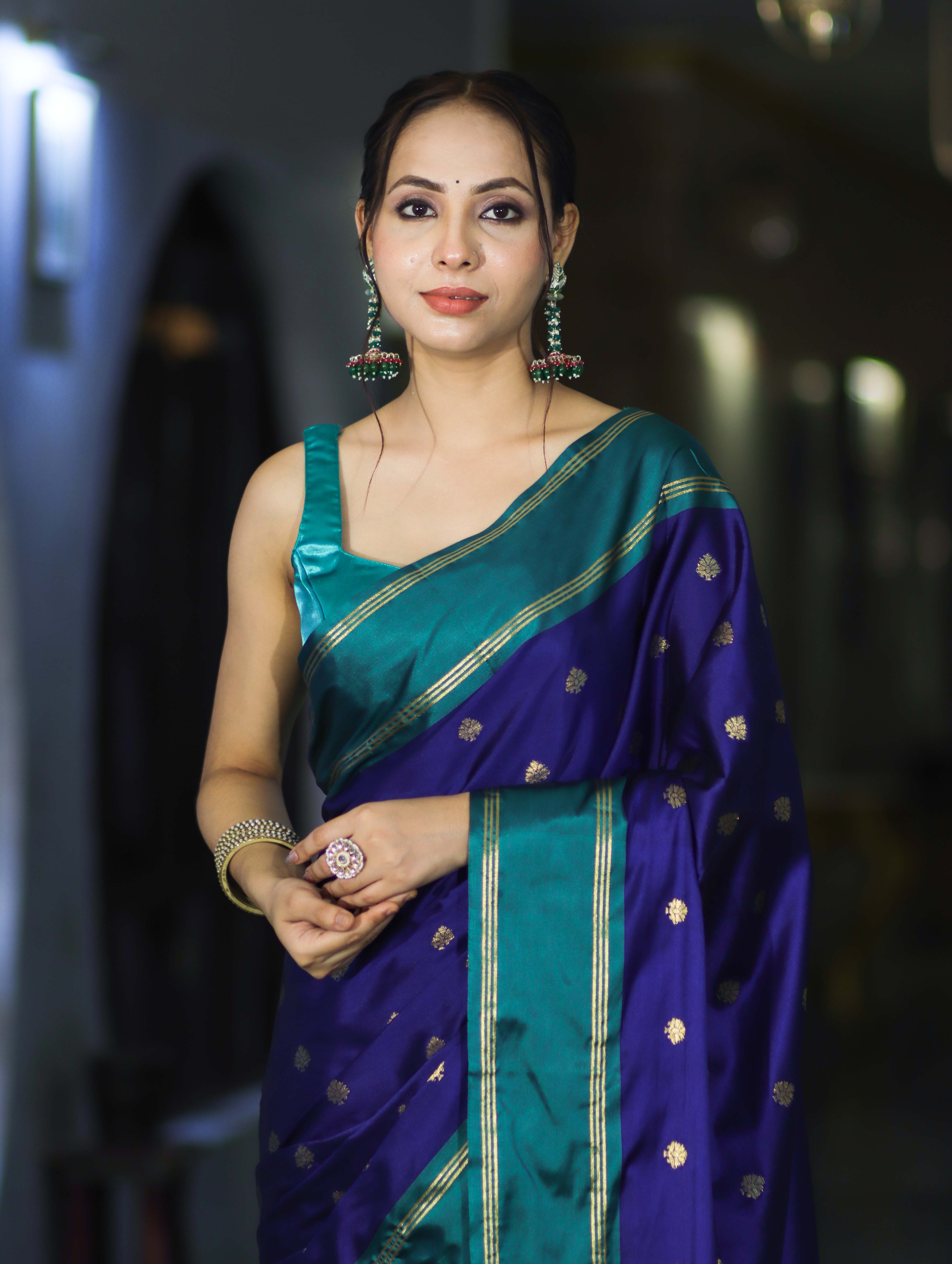 Banarasee Handloom Semi Silk Saree With Buti Design & Contrast Border-Violet & Green