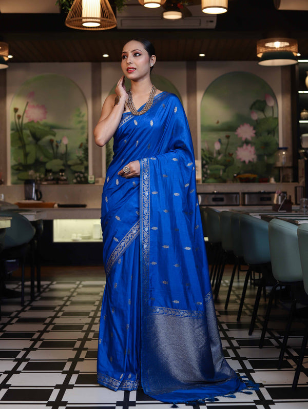 Banarasee Handloom Semi Silk Saree With Sona Rupa Zari Work & Border-Cobalt Blue