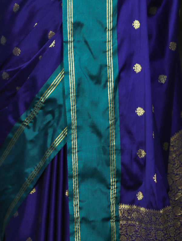 Banarasee Handloom Semi Silk Saree With Buti Design & Contrast Border-Violet & Green