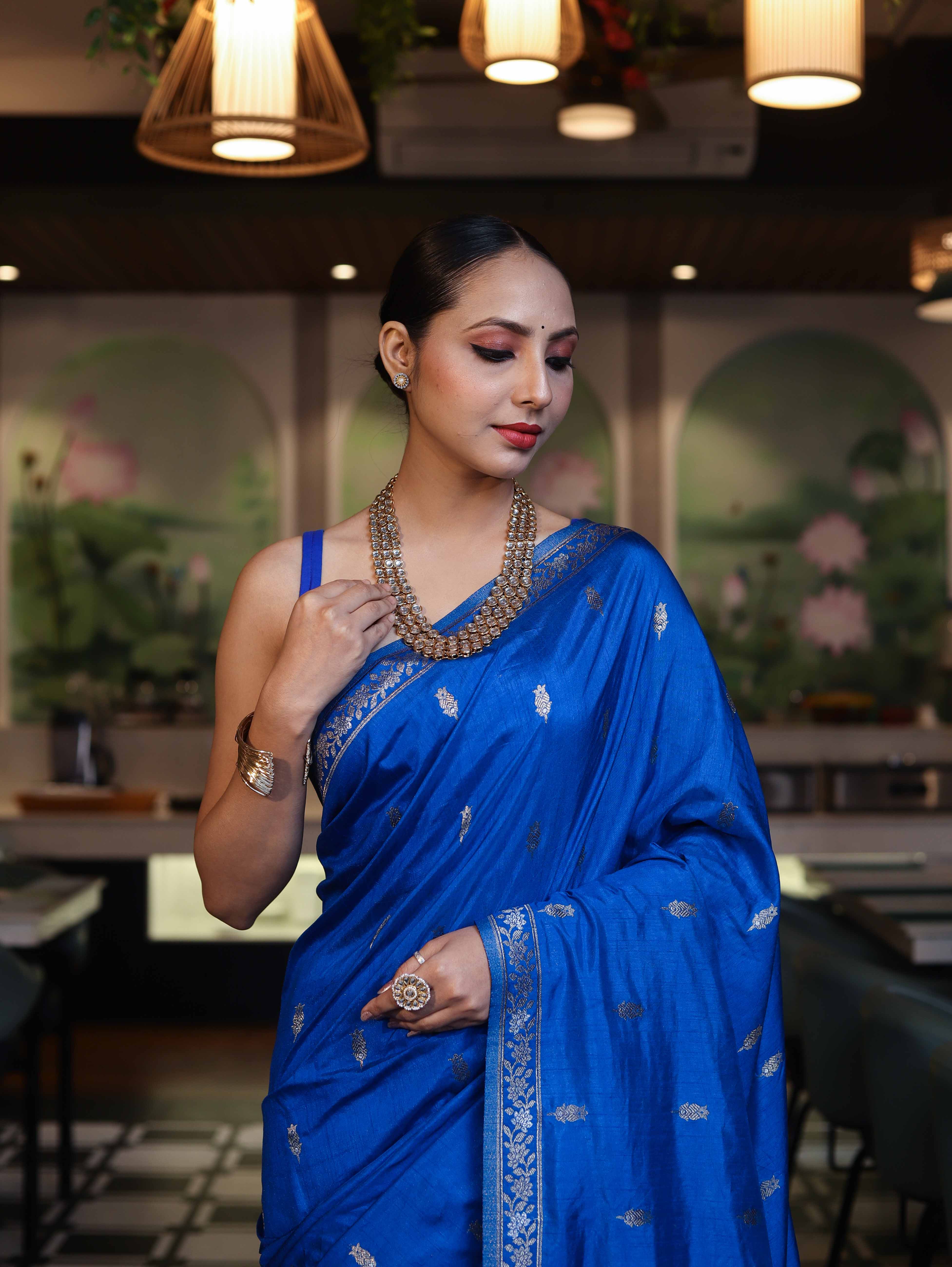 Banarasee Handloom Semi Silk Saree With Sona Rupa Zari Work & Border-Cobalt Blue