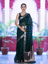 Banarasee Cotton Silk Saree With Stripes Pattern & Floral Zari Border-Deep Green & Black