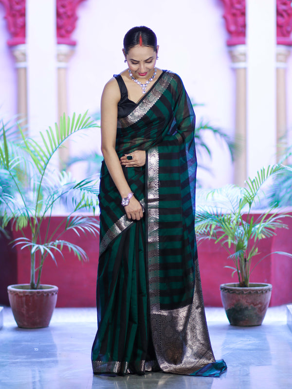 Banarasee Cotton Silk Saree With Stripes Pattern & Floral Zari Border-Deep Green & Black