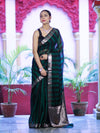 Banarasee Cotton Silk Saree With Stripes Pattern & Floral Zari Border-Deep Green & Black