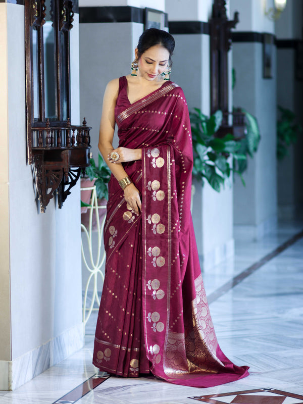 Banarasee Handloom Semi Dupion Silk Saree With Sona Rupa Zari Buti Design & Border-Burgundy