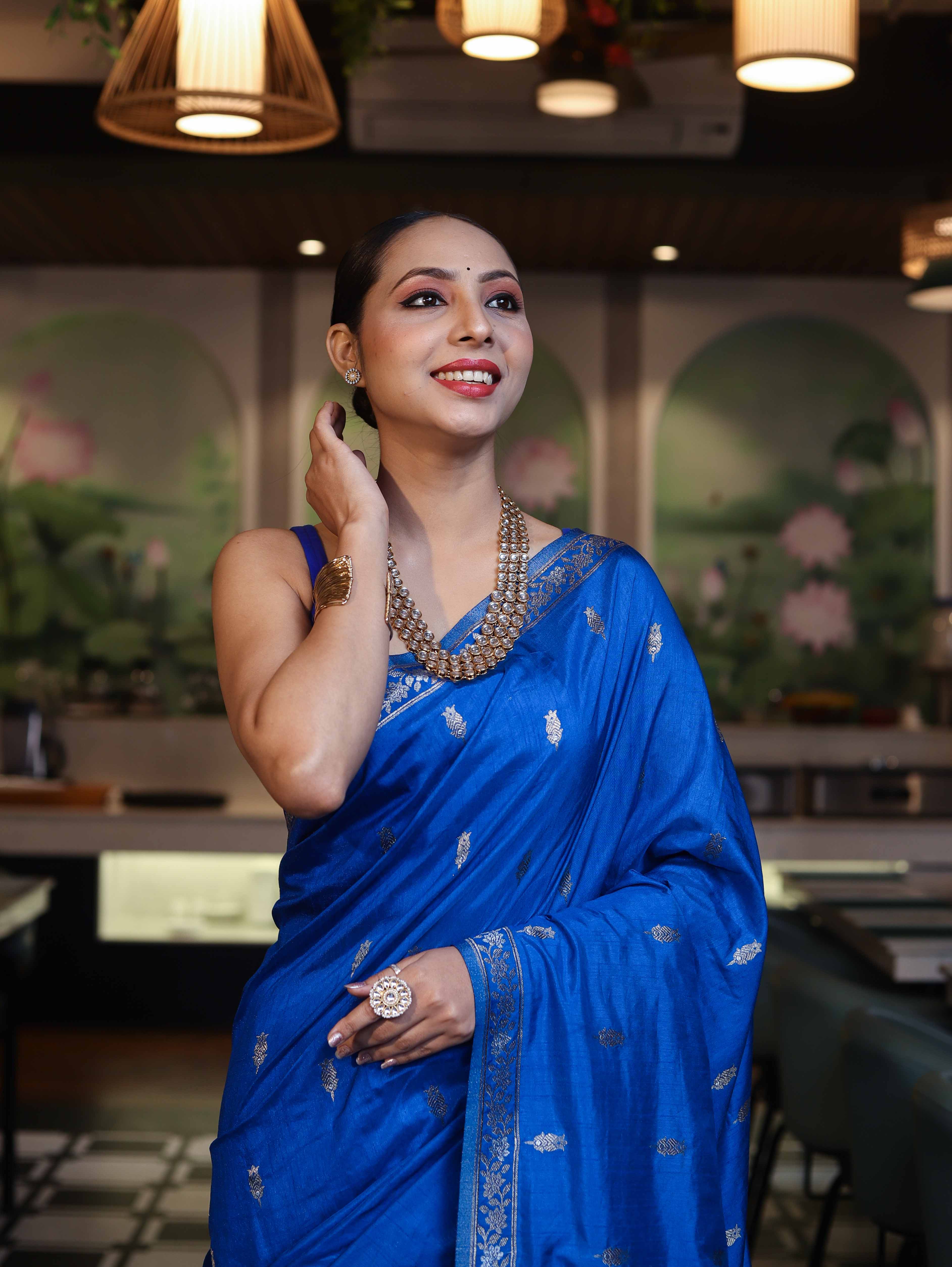 Banarasee Handloom Semi Silk Saree With Sona Rupa Zari Work & Border-Cobalt Blue