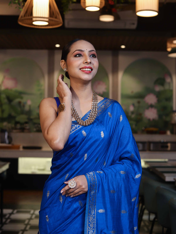 Banarasee Handloom Semi Silk Saree With Sona Rupa Zari Work & Border-Cobalt Blue