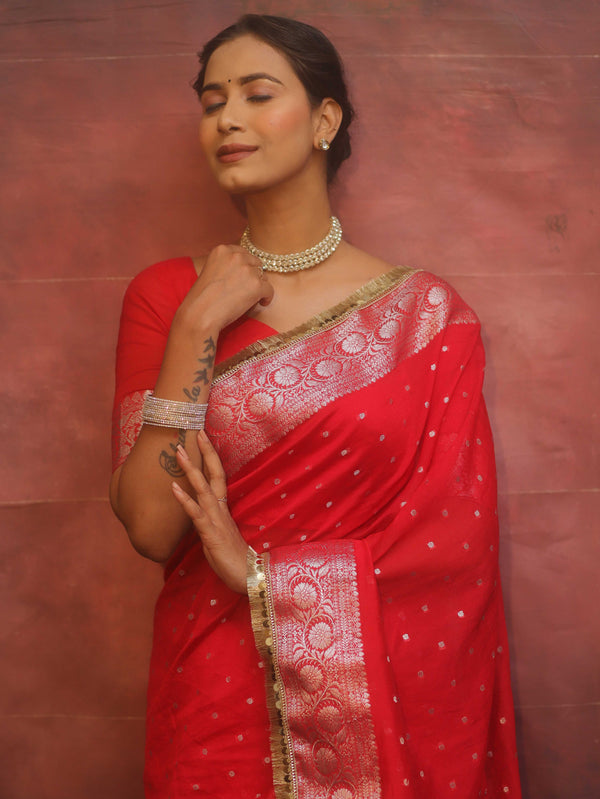 Banarasee Handwoven Semi-Chiffon Saree With Silver Zari & Lace-Red