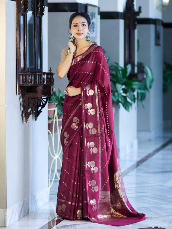 Banarasee Handloom Semi Dupion Silk Saree With Sona Rupa Zari Buti Design & Border-Burgundy
