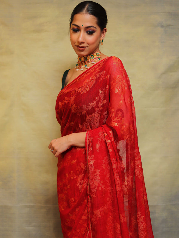 Banarasee Brasso Silk Jaal Saree With Contrast Embroidered Blouse-Red