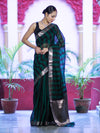 Banarasee Cotton Silk Saree With Stripes Pattern & Floral Zari Border-Deep Green & Black