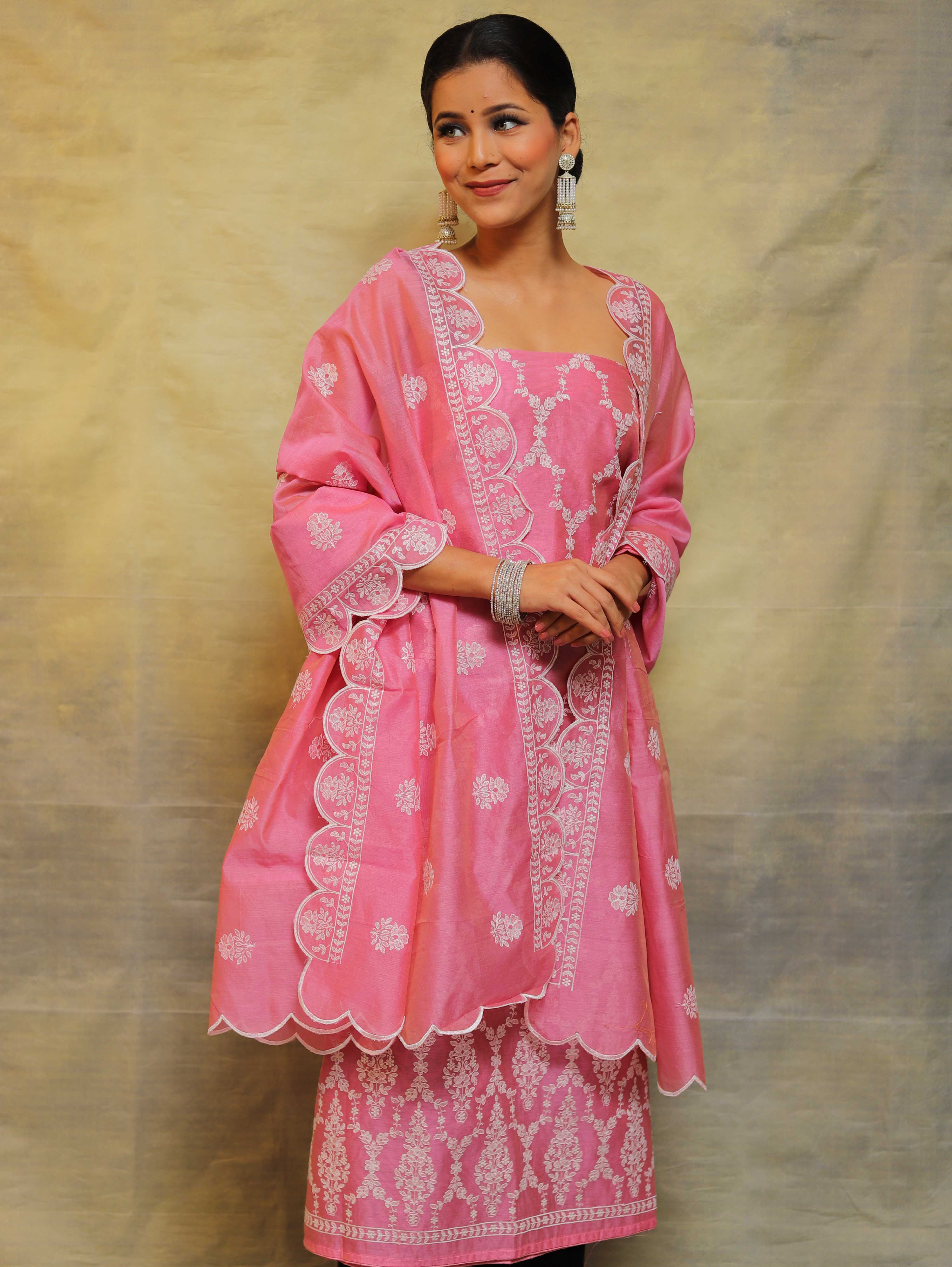 Banarasee Chanderi Cotton Salwar Kameez Fabric With Embroidery Work-Pink