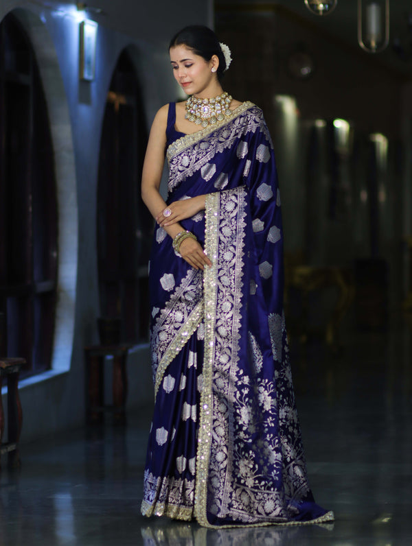 Banarasee Handloom Mashru Silk Saree With Sona Rupa Zari Work Border & Lace-Navy Blue