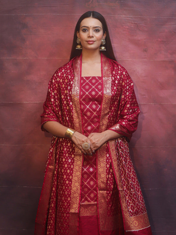 Banarasee Semi-Silk Zari Design Salwar Kameez Fabric With Dupatta Set-Maroon
