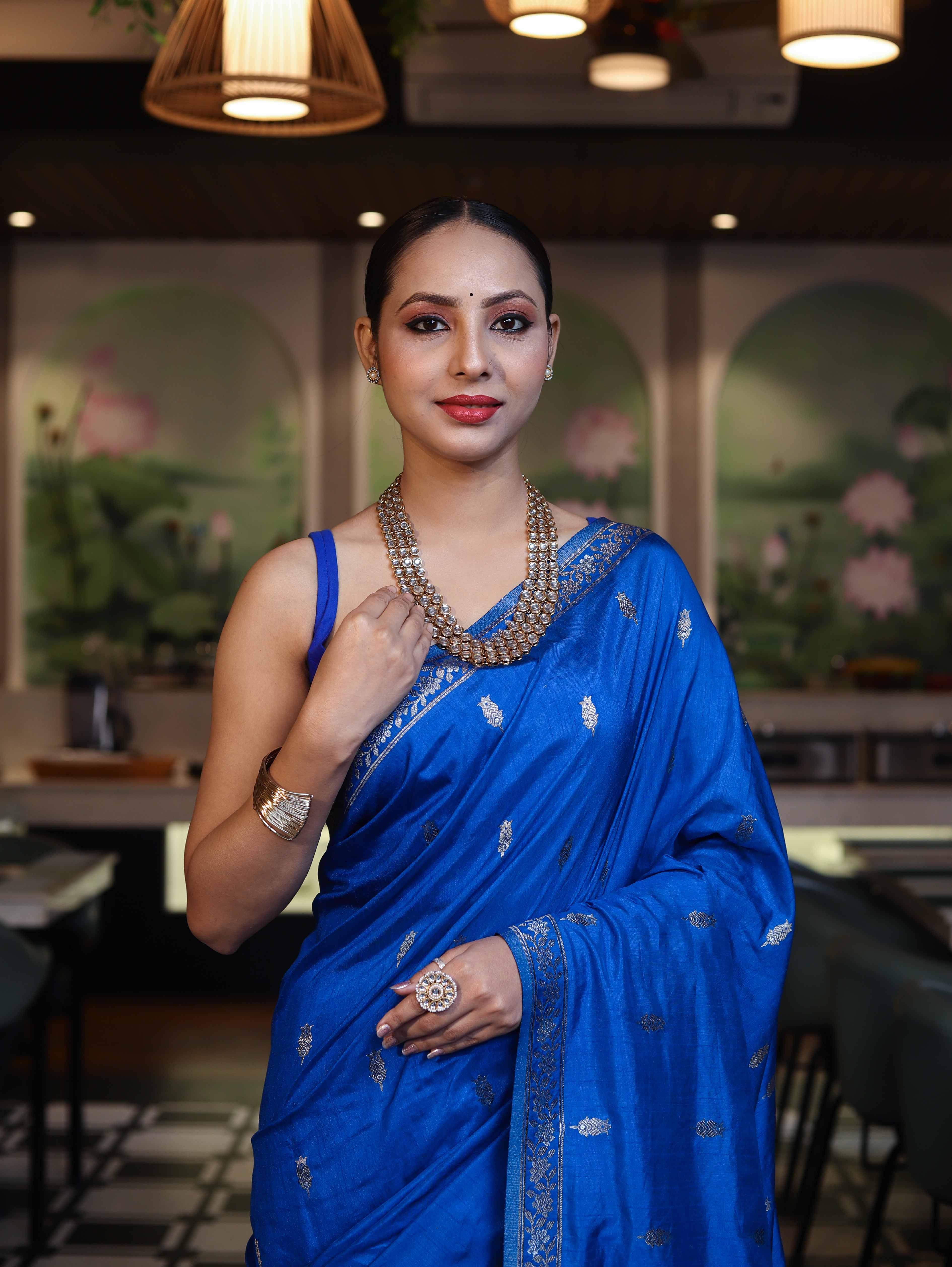 Banarasee Handloom Semi Silk Saree With Sona Rupa Zari Work & Border-Cobalt Blue