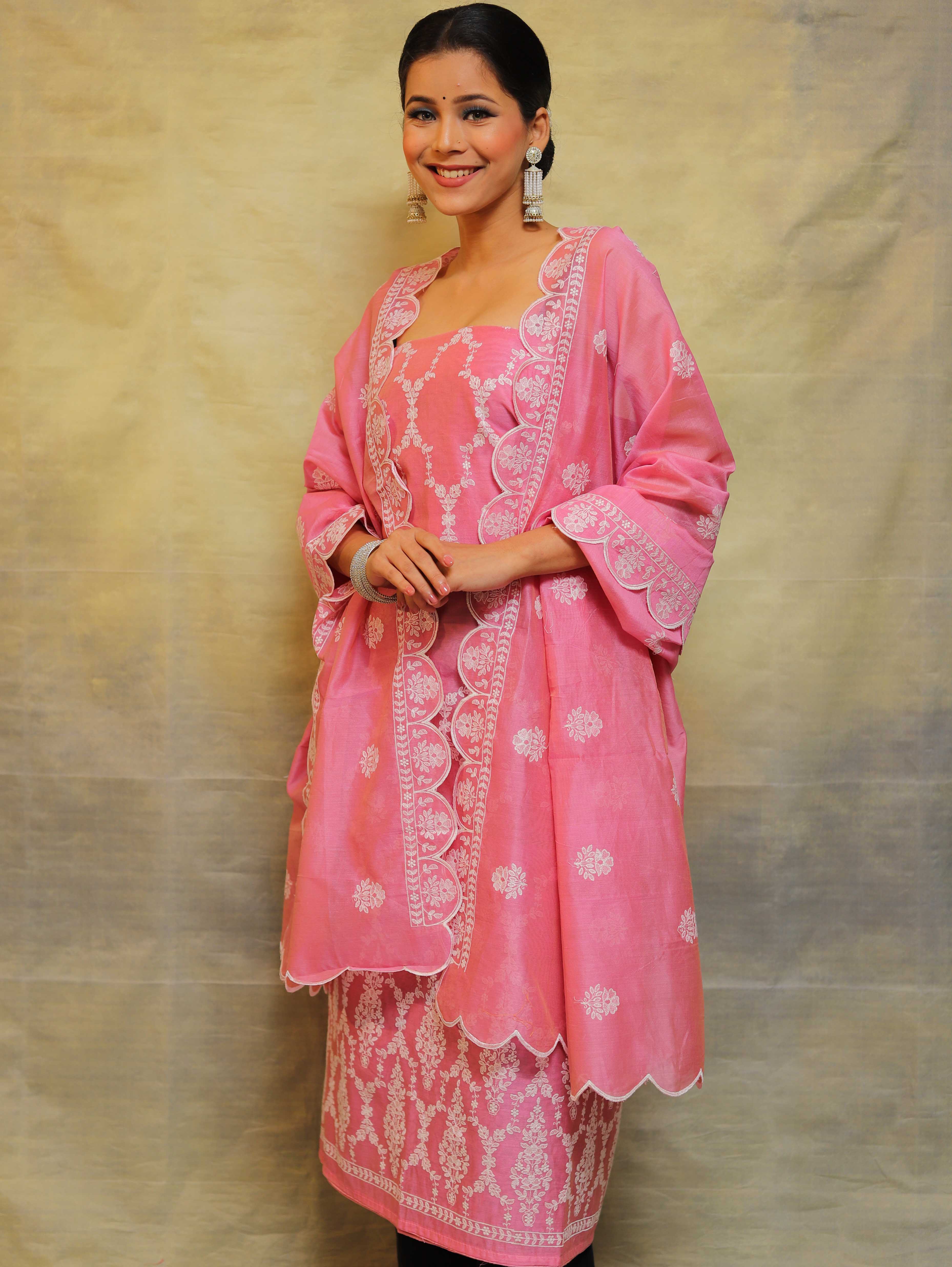 Banarasee Chanderi Cotton Salwar Kameez Fabric With Embroidery Work-Pink