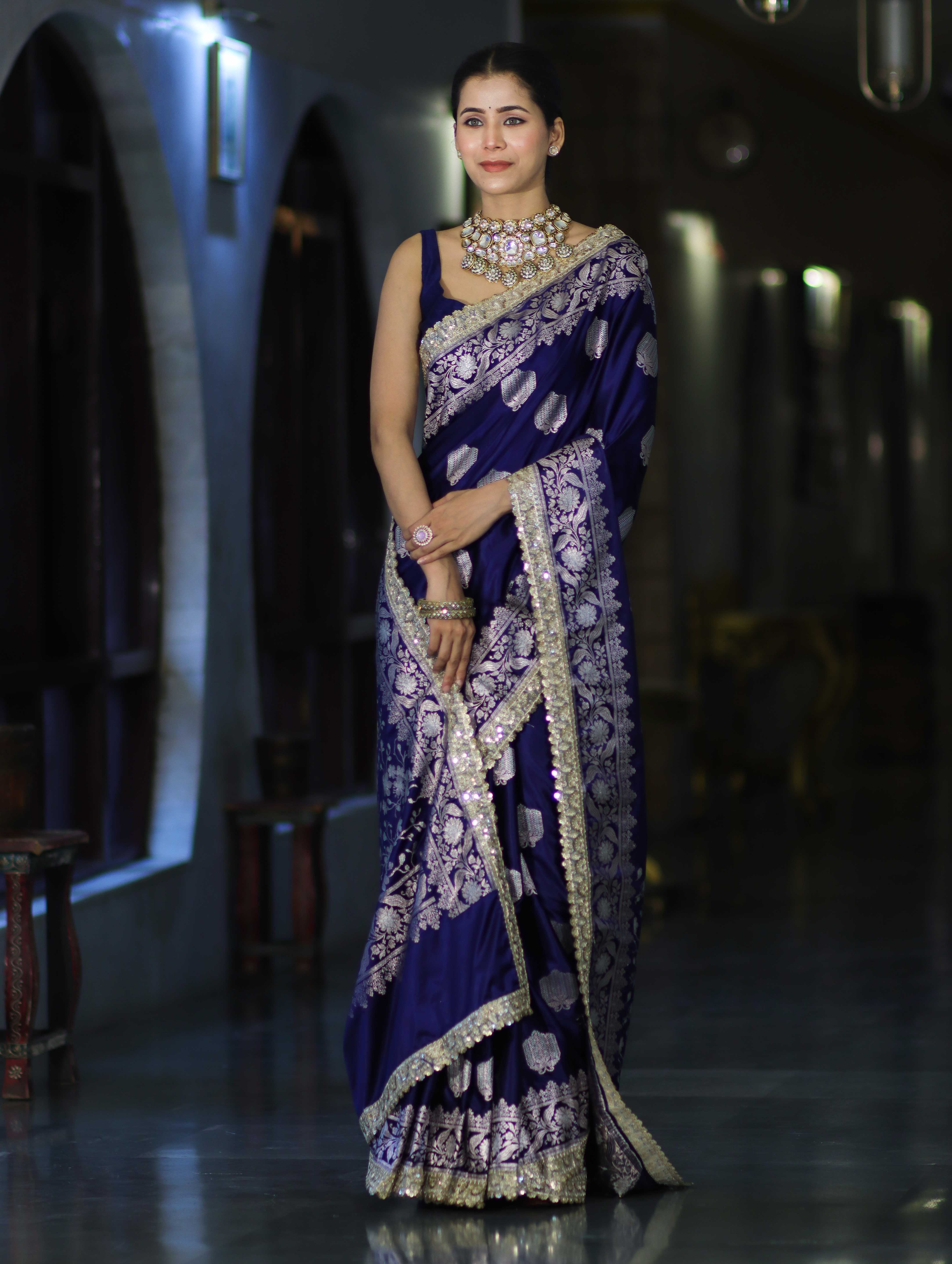 Banarasee Handloom Mashru Silk Saree With Sona Rupa Zari Work Border & Lace-Navy Blue