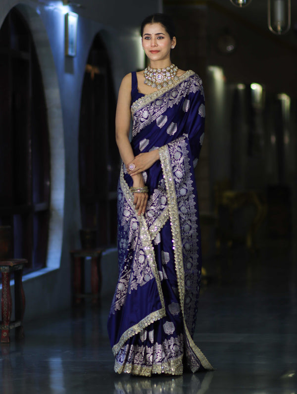 Banarasee Handloom Mashru Silk Saree With Sona Rupa Zari Work Border & Lace-Navy Blue