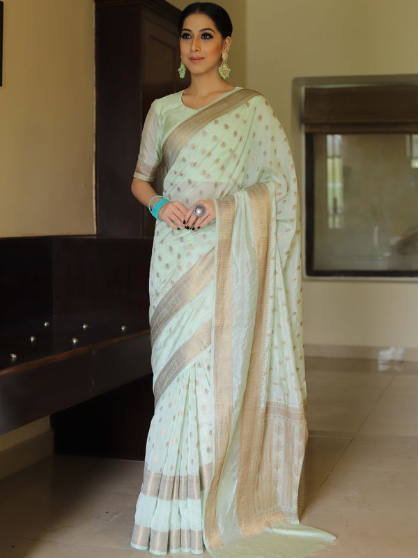 Banarasee Handwoven Semi Silk Saree With Antique Zari Design-Pastel Green