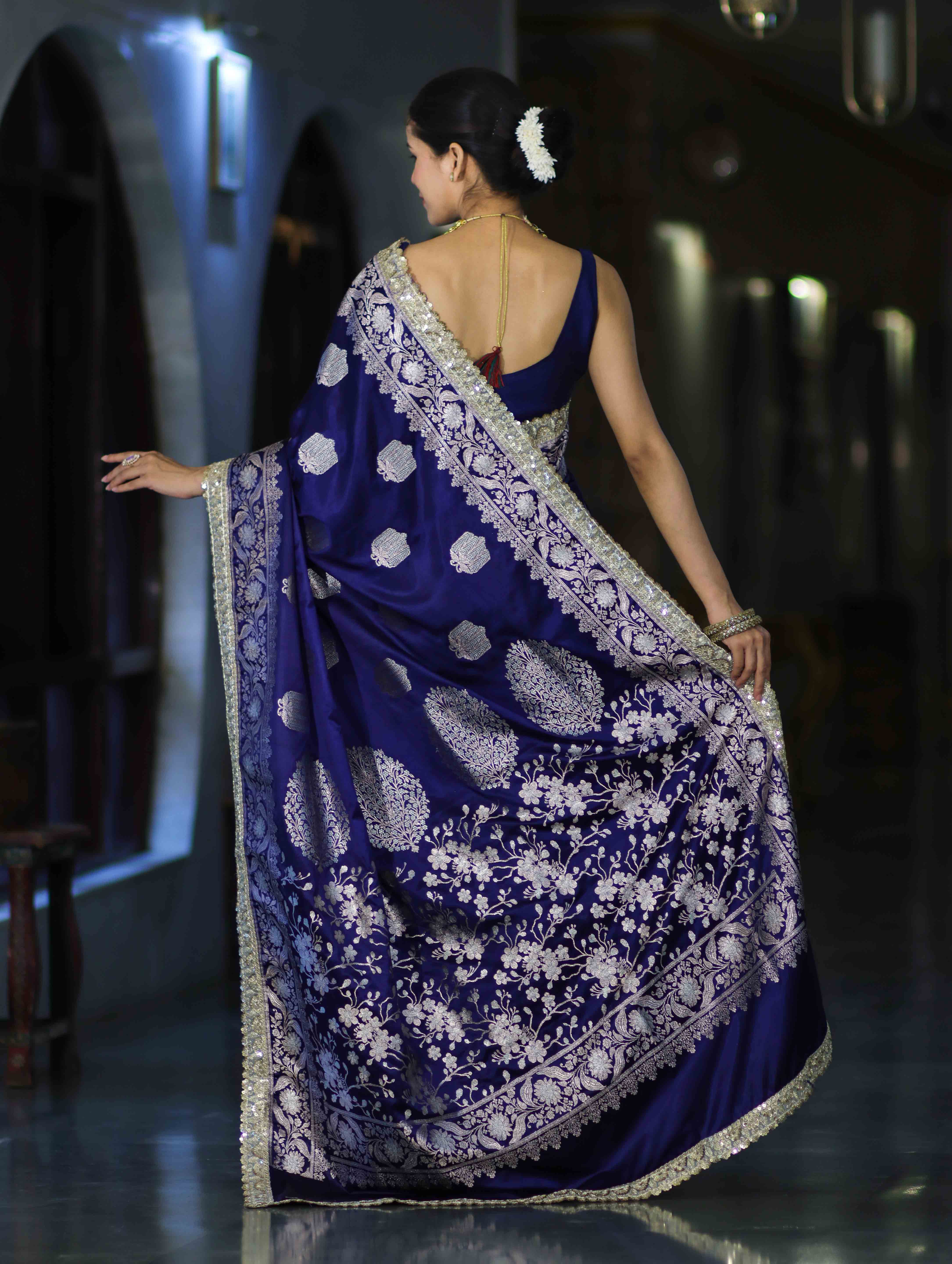 Banarasee Handloom Mashru Silk Saree With Sona Rupa Zari Work Border & Lace-Navy Blue