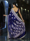 Banarasee Handloom Mashru Silk Saree With Sona Rupa Zari Work Border & Lace-Navy Blue