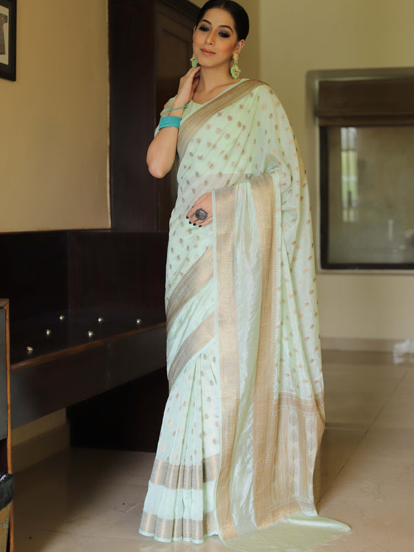 Banarasee Handwoven Semi Silk Saree With Antique Zari Design-Pastel Green