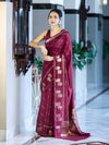 Banarasee Handloom Semi Dupion Silk Saree With Sona Rupa Zari Buti Design & Border-Burgundy