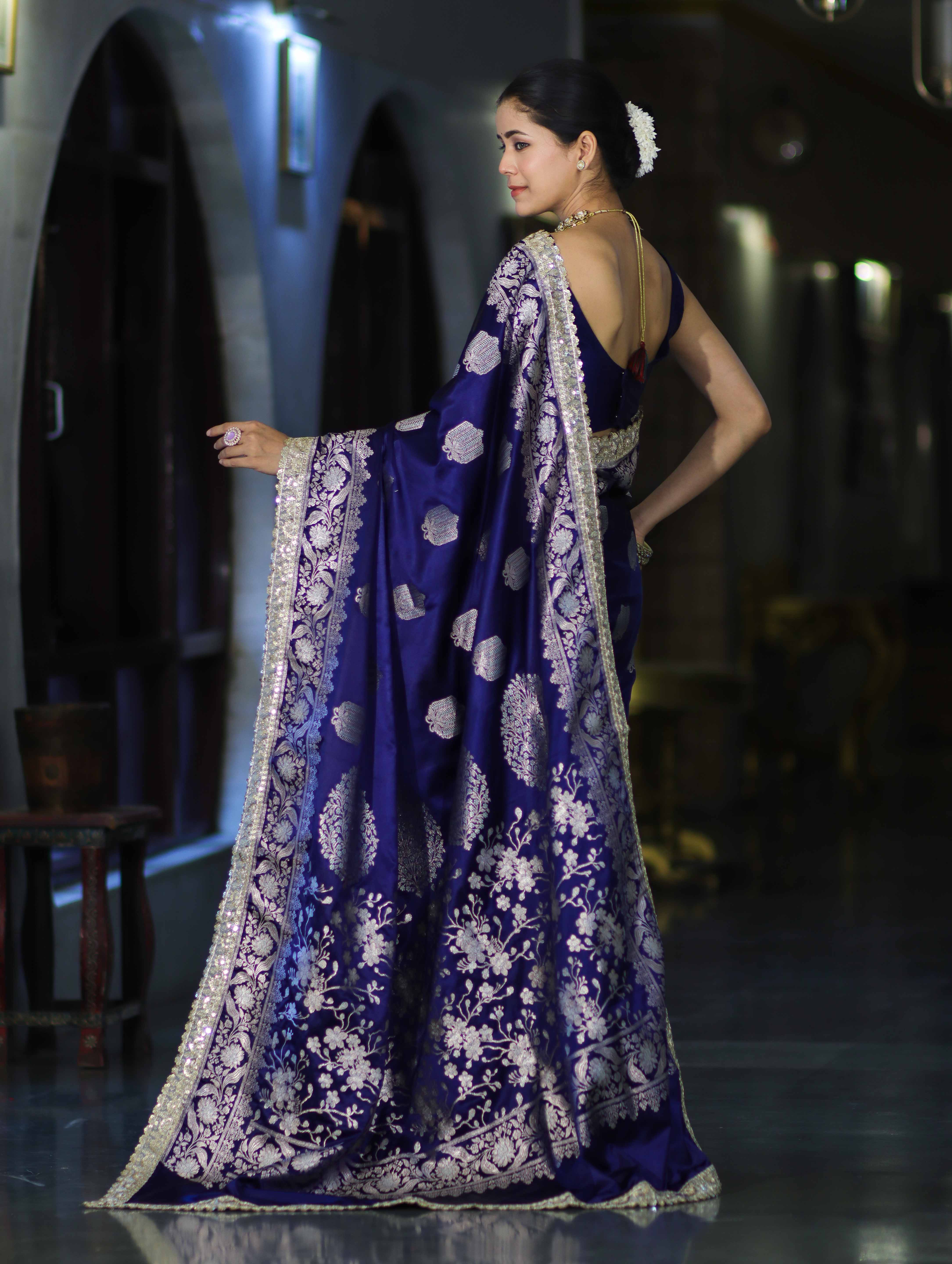 Banarasee Handloom Mashru Silk Saree With Sona Rupa Zari Work Border & Lace-Navy Blue