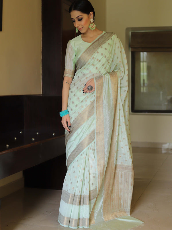 Banarasee Handwoven Semi Silk Saree With Antique Zari Design-Pastel Green