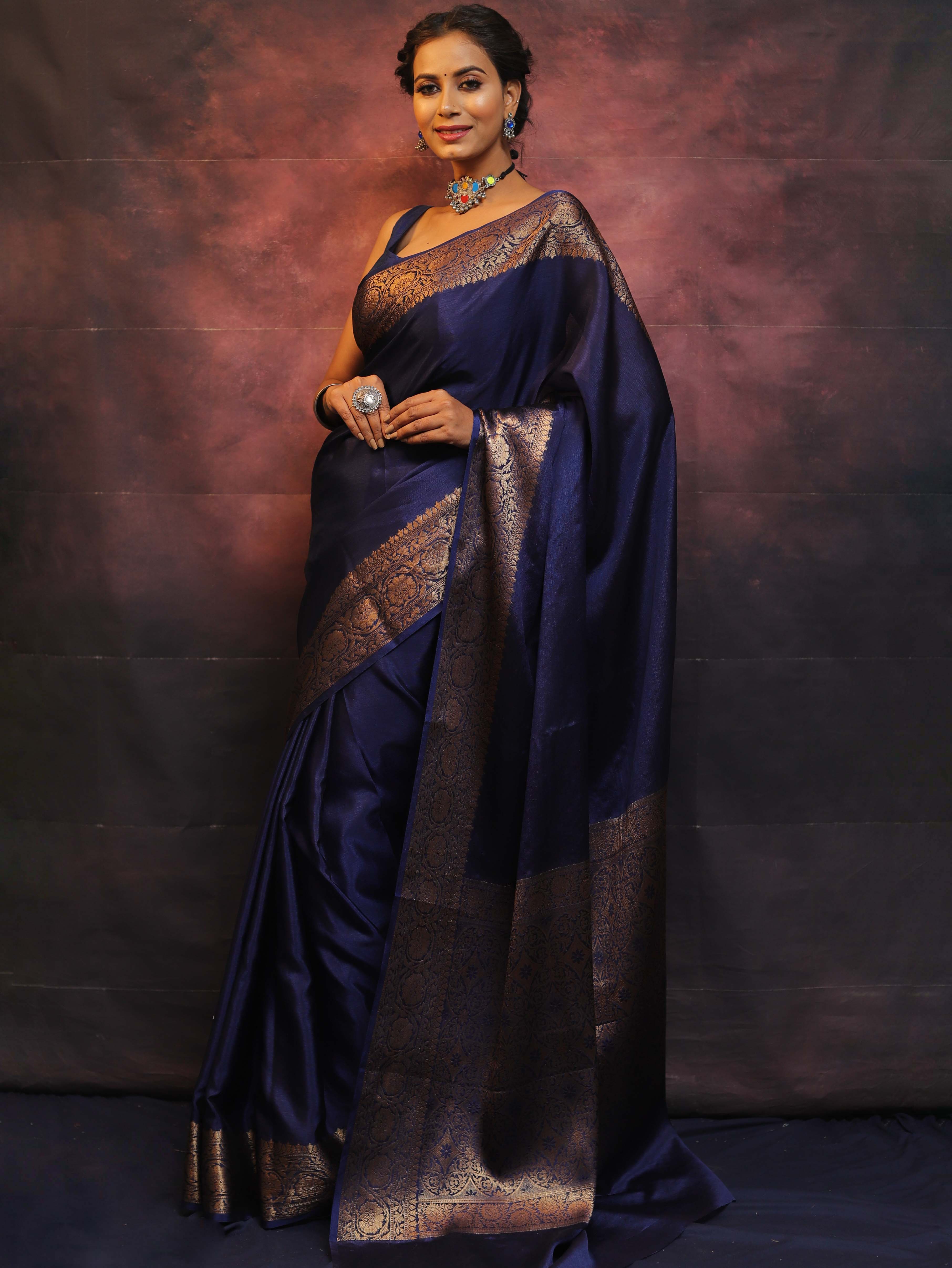 Banarasee Handwoven Semi Silk Plain Saree With Zari Border-Blue