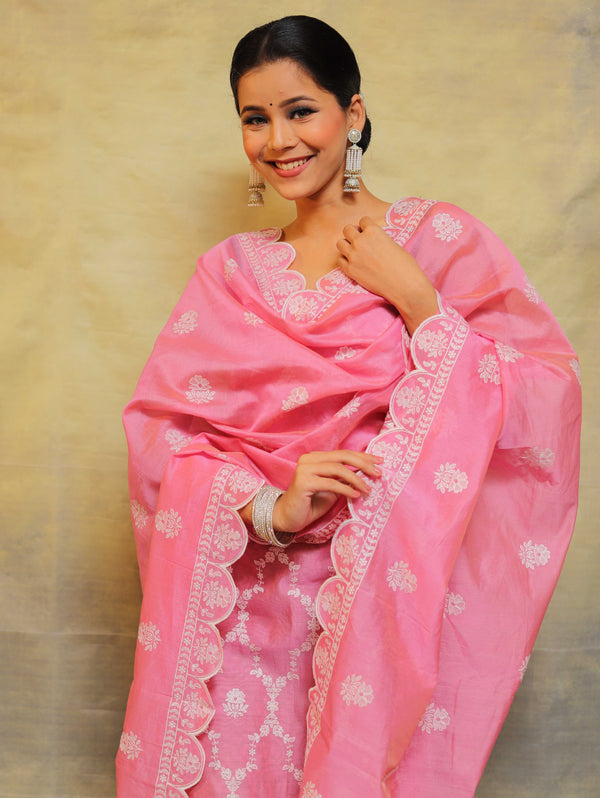 Banarasee Chanderi Cotton Salwar Kameez Fabric With Embroidery Work-Pink