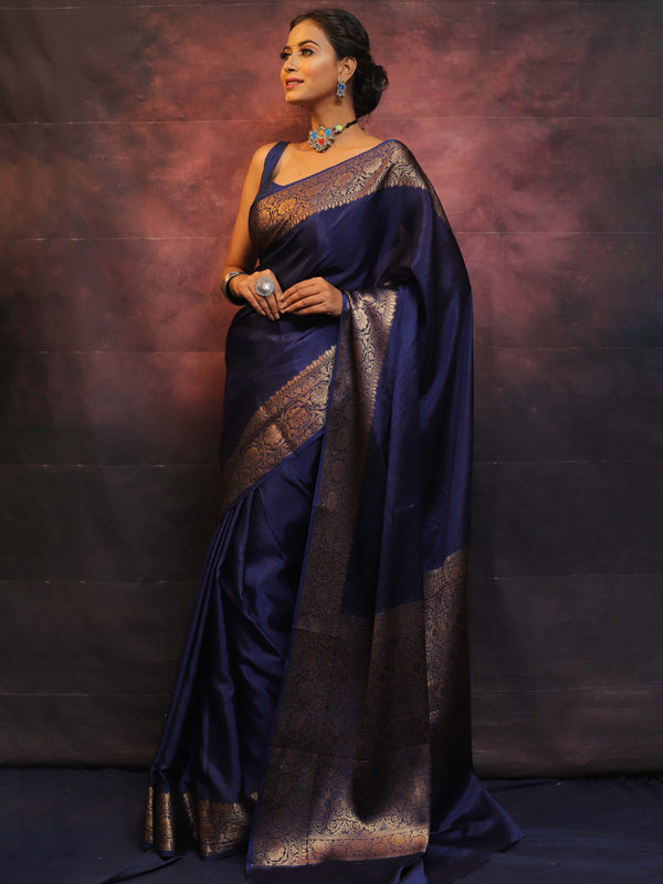 Banarasee Handwoven Semi Silk Plain Saree With Zari Border-Blue