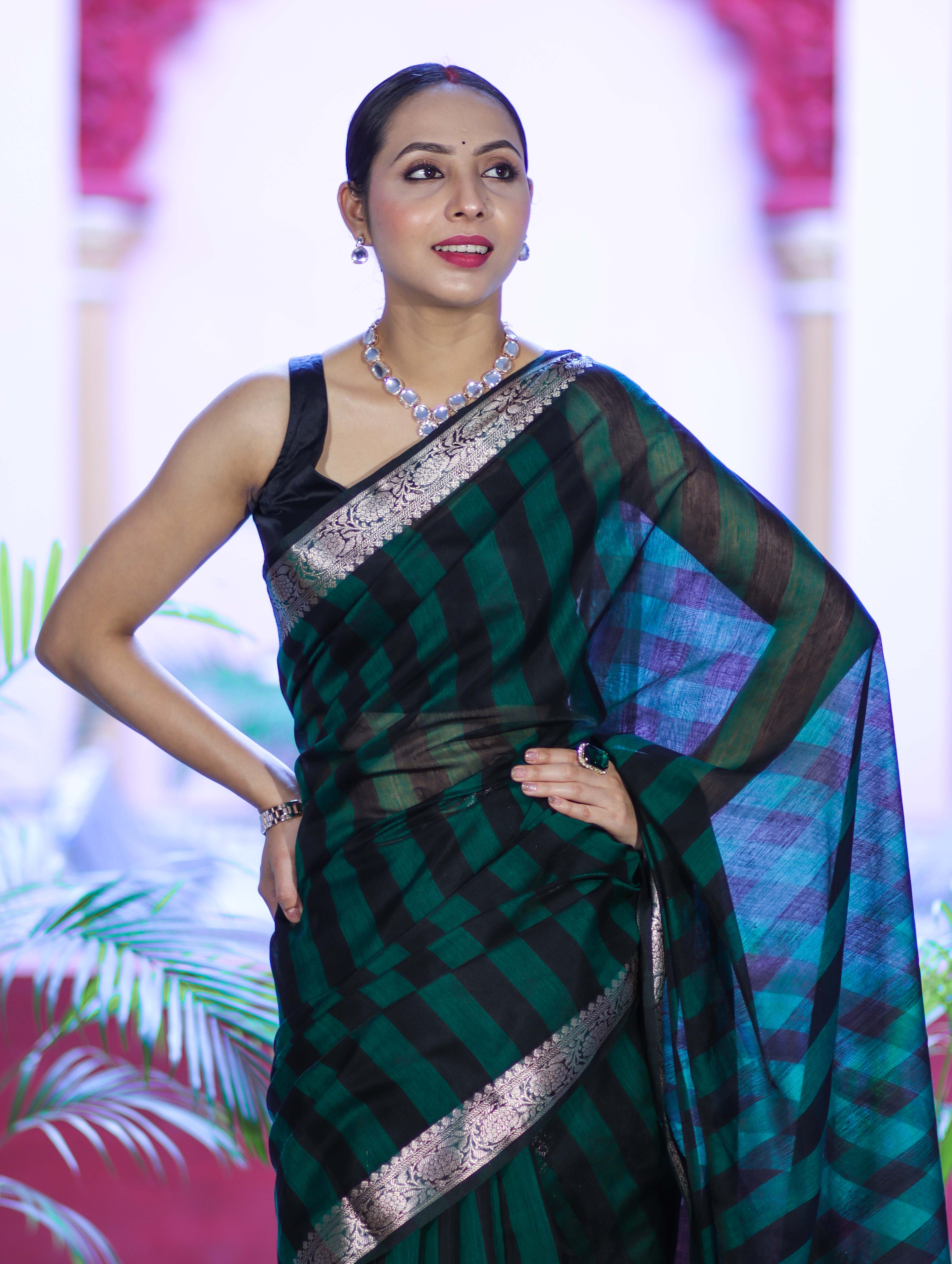 Banarasee Cotton Silk Saree With Stripes Pattern & Floral Zari Border-Deep Green & Black