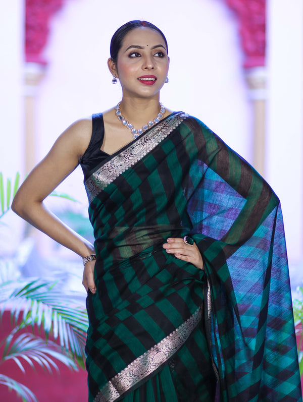 Banarasee Cotton Silk Saree With Stripes Pattern & Floral Zari Border-Deep Green & Black