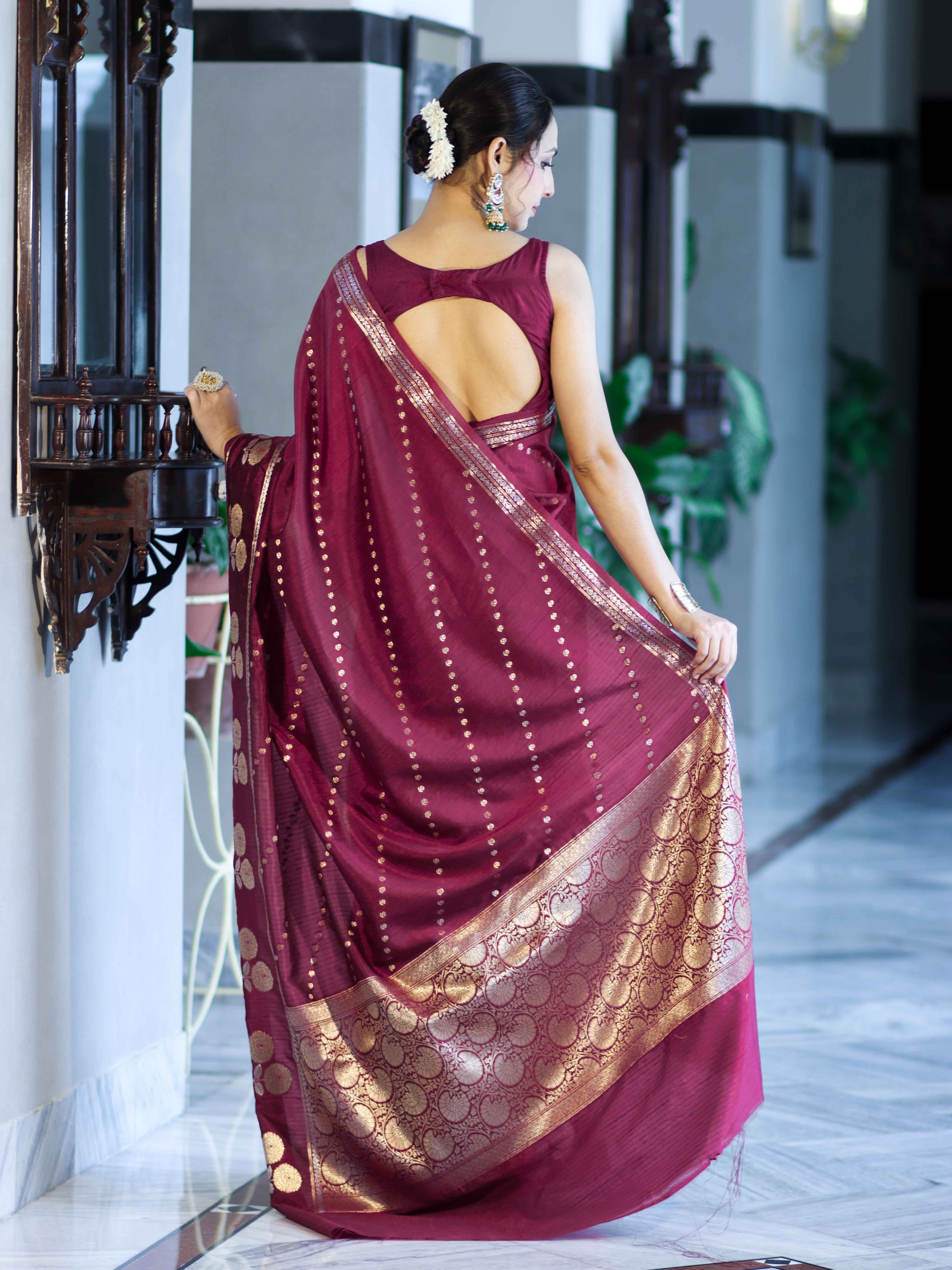 Banarasee Handloom Semi Dupion Silk Saree With Sona Rupa Zari Buti Design & Border-Burgundy