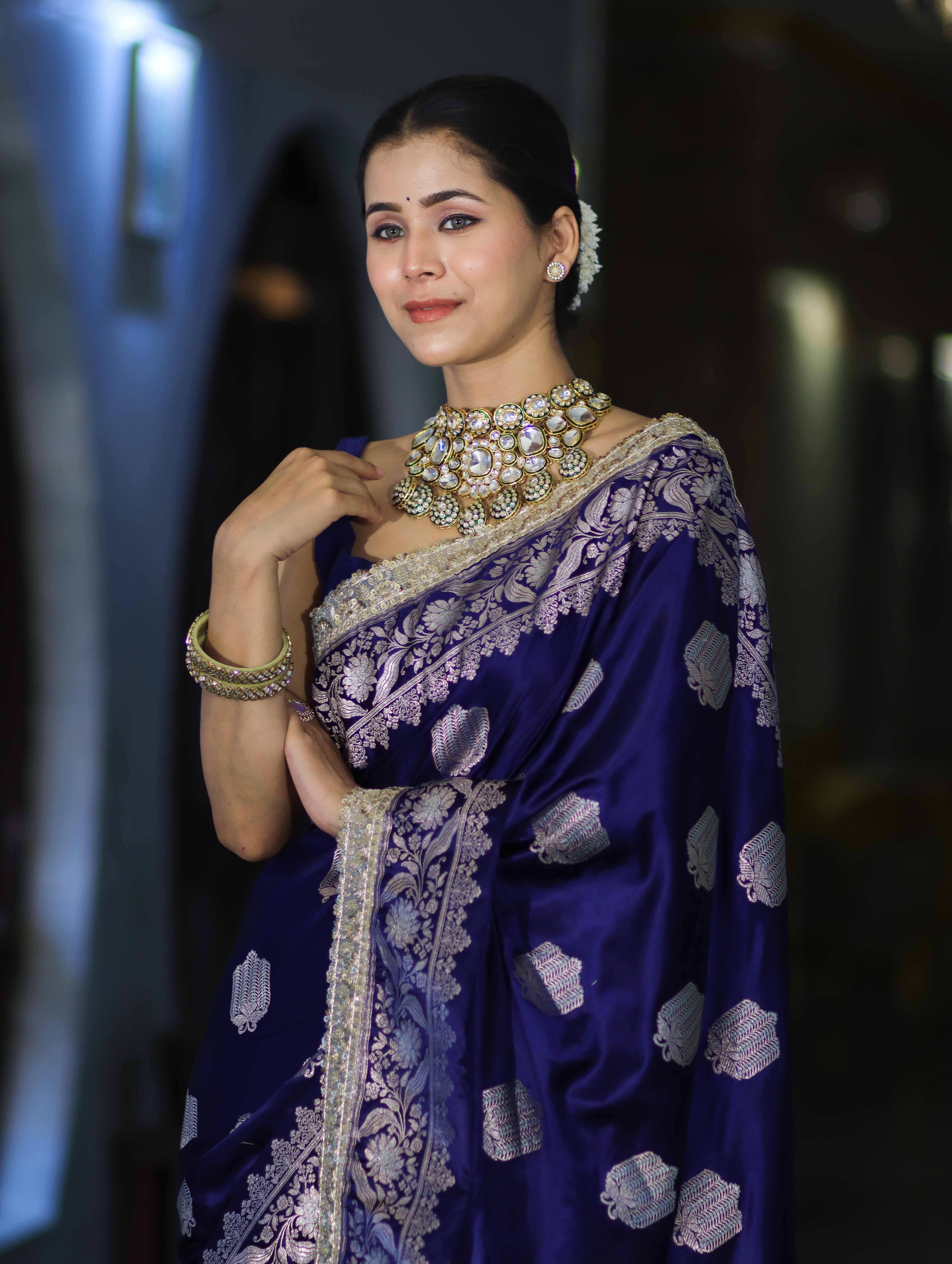 Banarasee Handloom Mashru Silk Saree With Sona Rupa Zari Work Border & Lace-Navy Blue