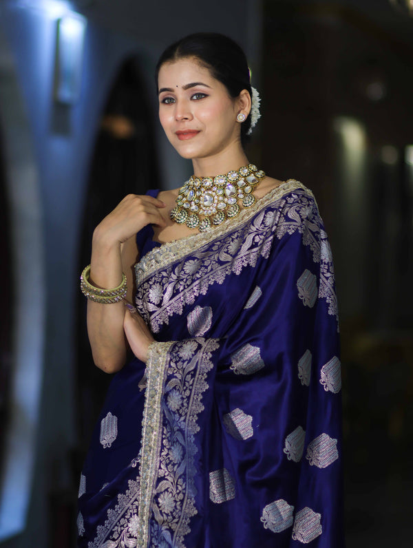 Banarasee Handloom Mashru Silk Saree With Sona Rupa Zari Work Border & Lace-Navy Blue
