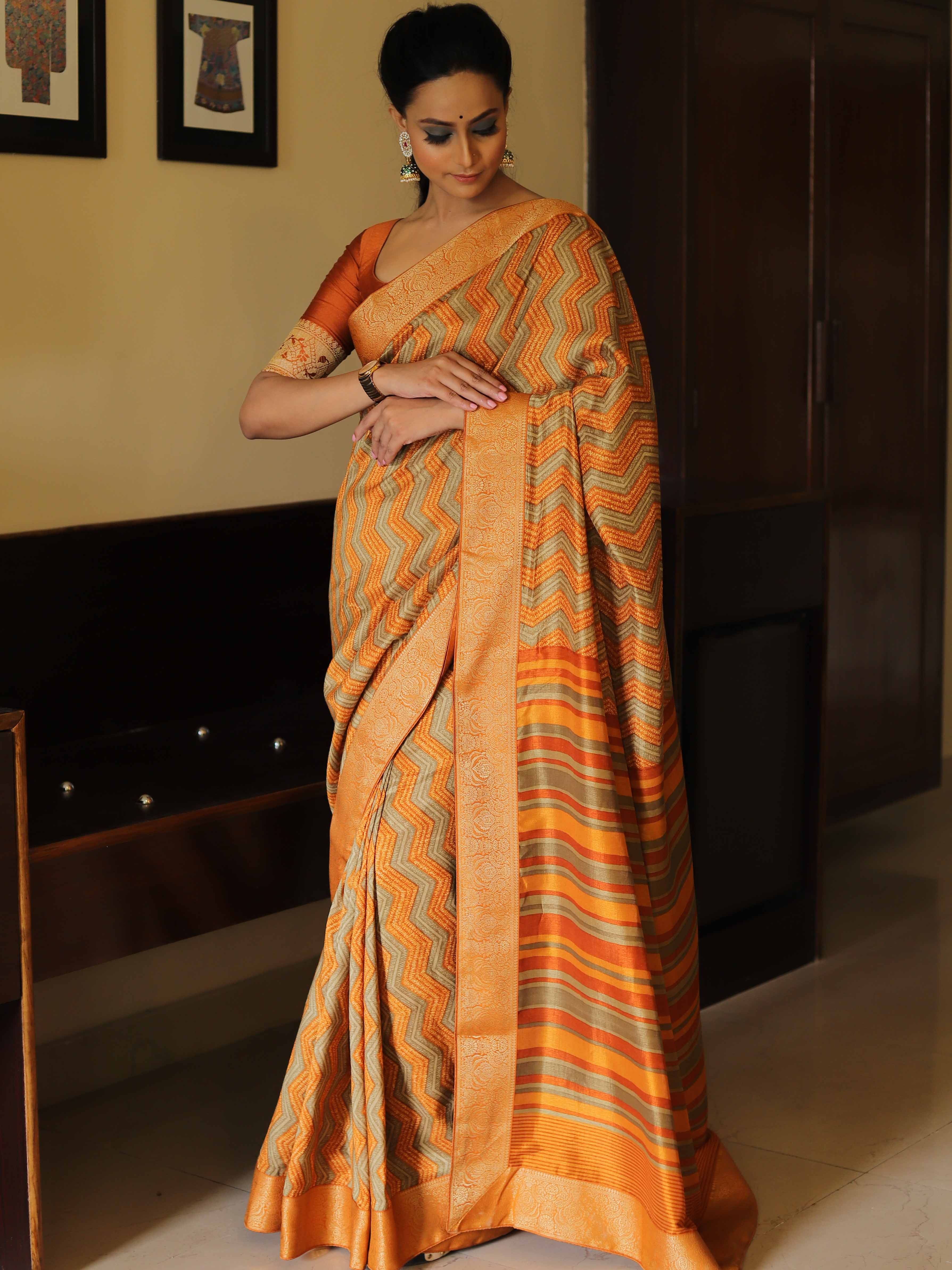 Banarasee Handwoven Semi-Tussar Zig-Zag Pattern Saree-Yellow