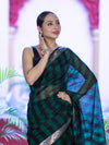Banarasee Cotton Silk Saree With Stripes Pattern & Floral Zari Border-Deep Green & Black