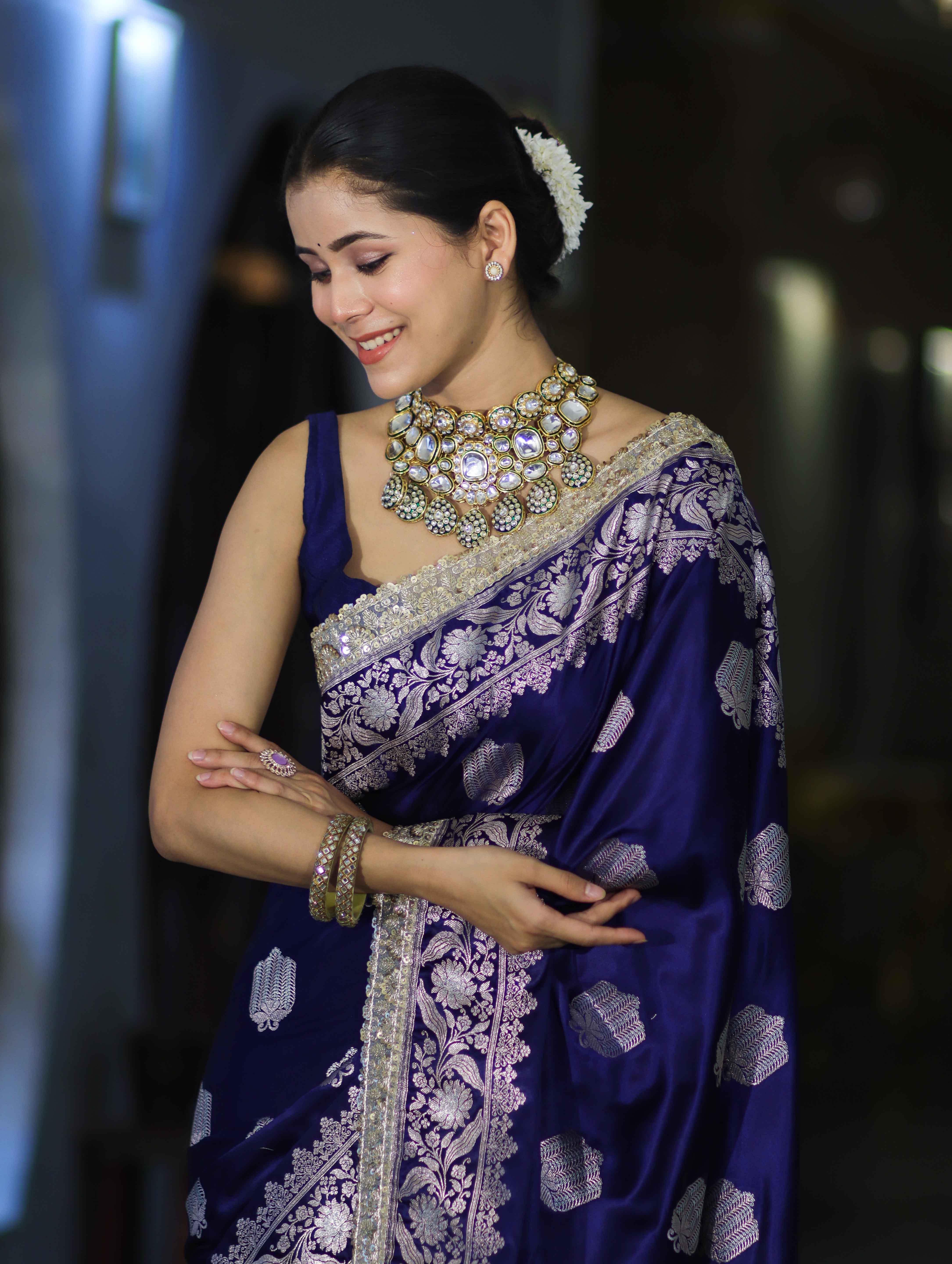 Banarasee Handloom Mashru Silk Saree With Sona Rupa Zari Work Border & Lace-Navy Blue