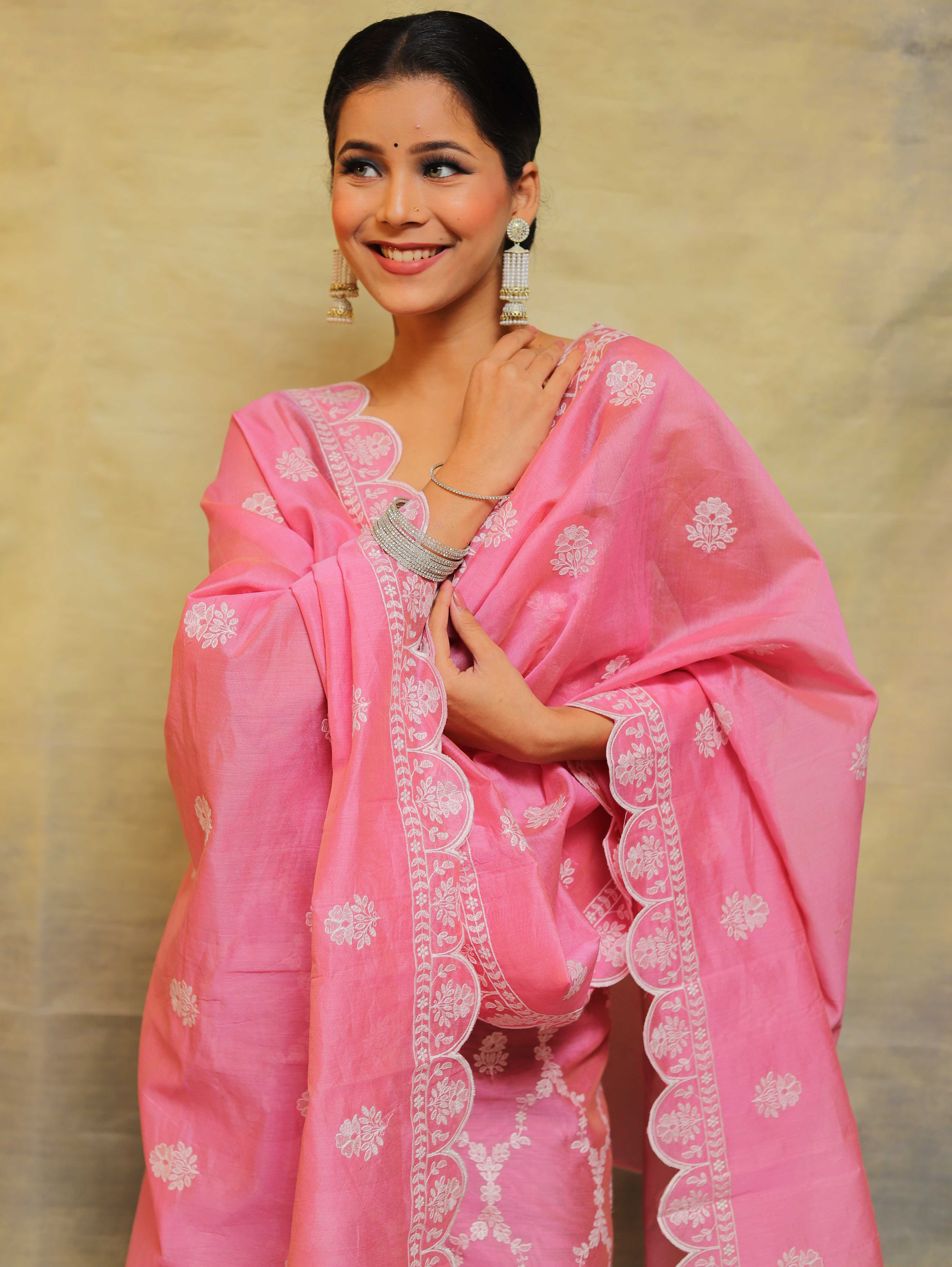 Banarasee Chanderi Cotton Salwar Kameez Fabric With Embroidery Work-Pink