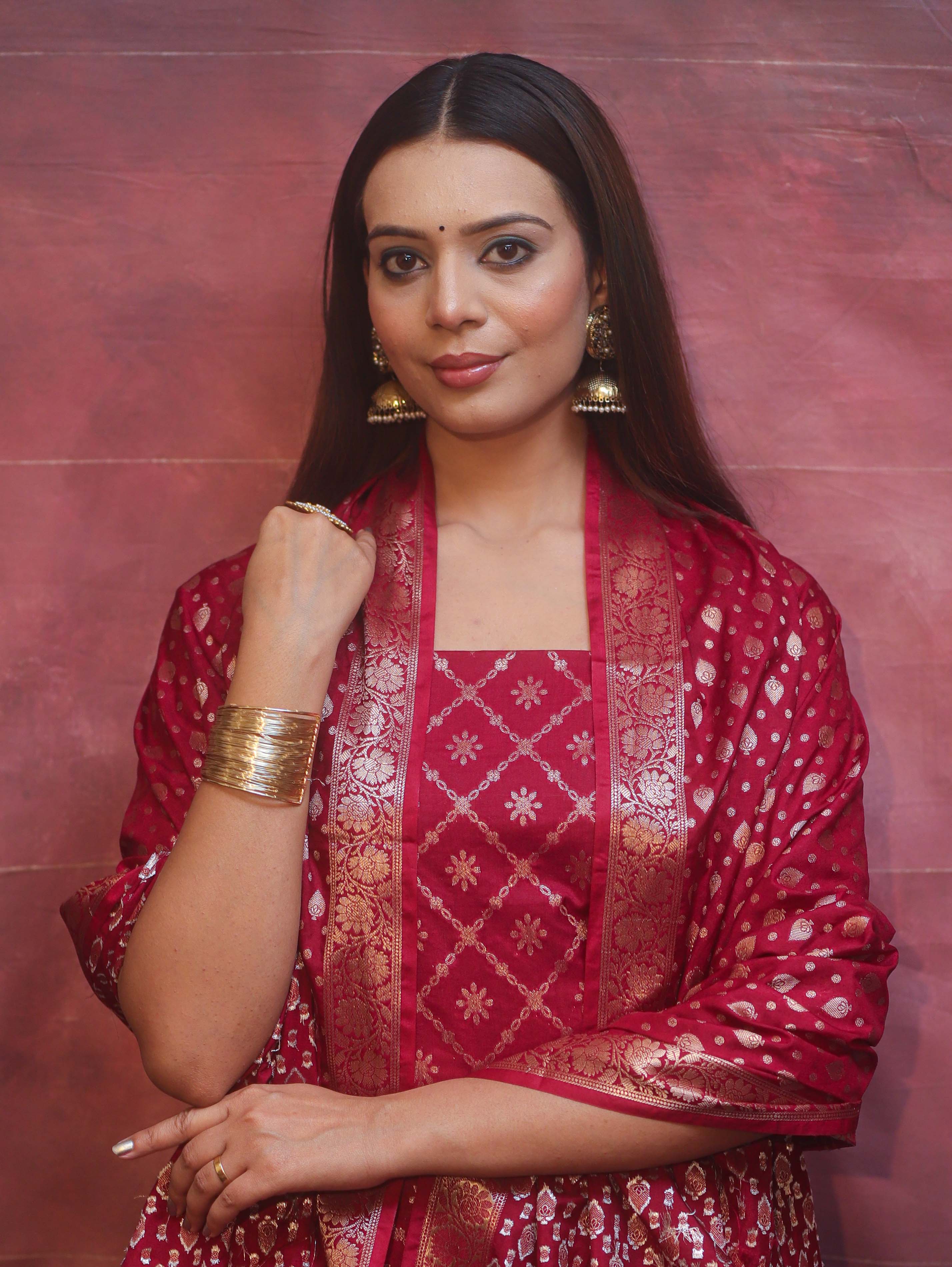 Banarasee Semi-Silk Zari Design Salwar Kameez Fabric With Dupatta Set-Maroon