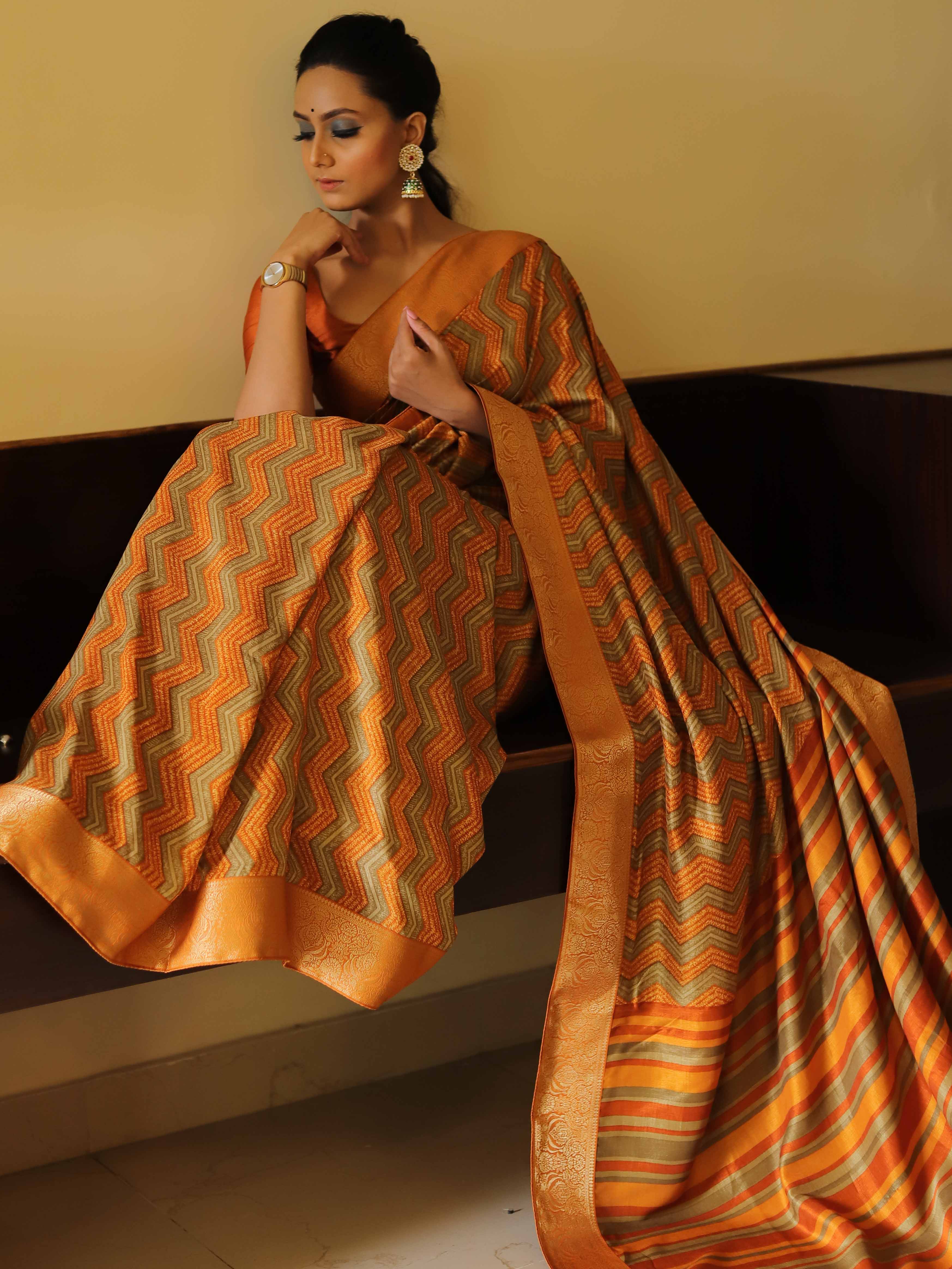 Banarasee Handwoven Semi-Tussar Zig-Zag Pattern Saree-Yellow