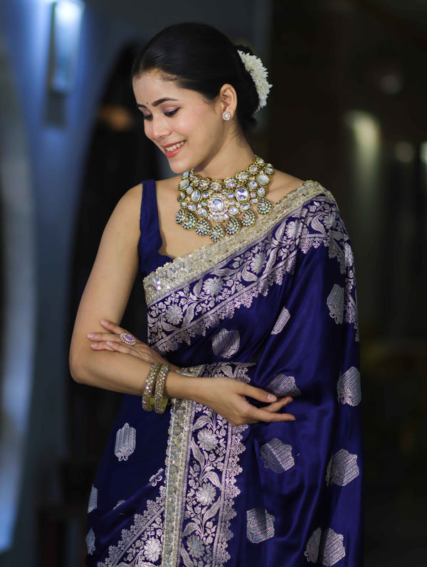 Banarasee Handloom Mashru Silk Saree With Sona Rupa Zari Work Border & Lace-Navy Blue