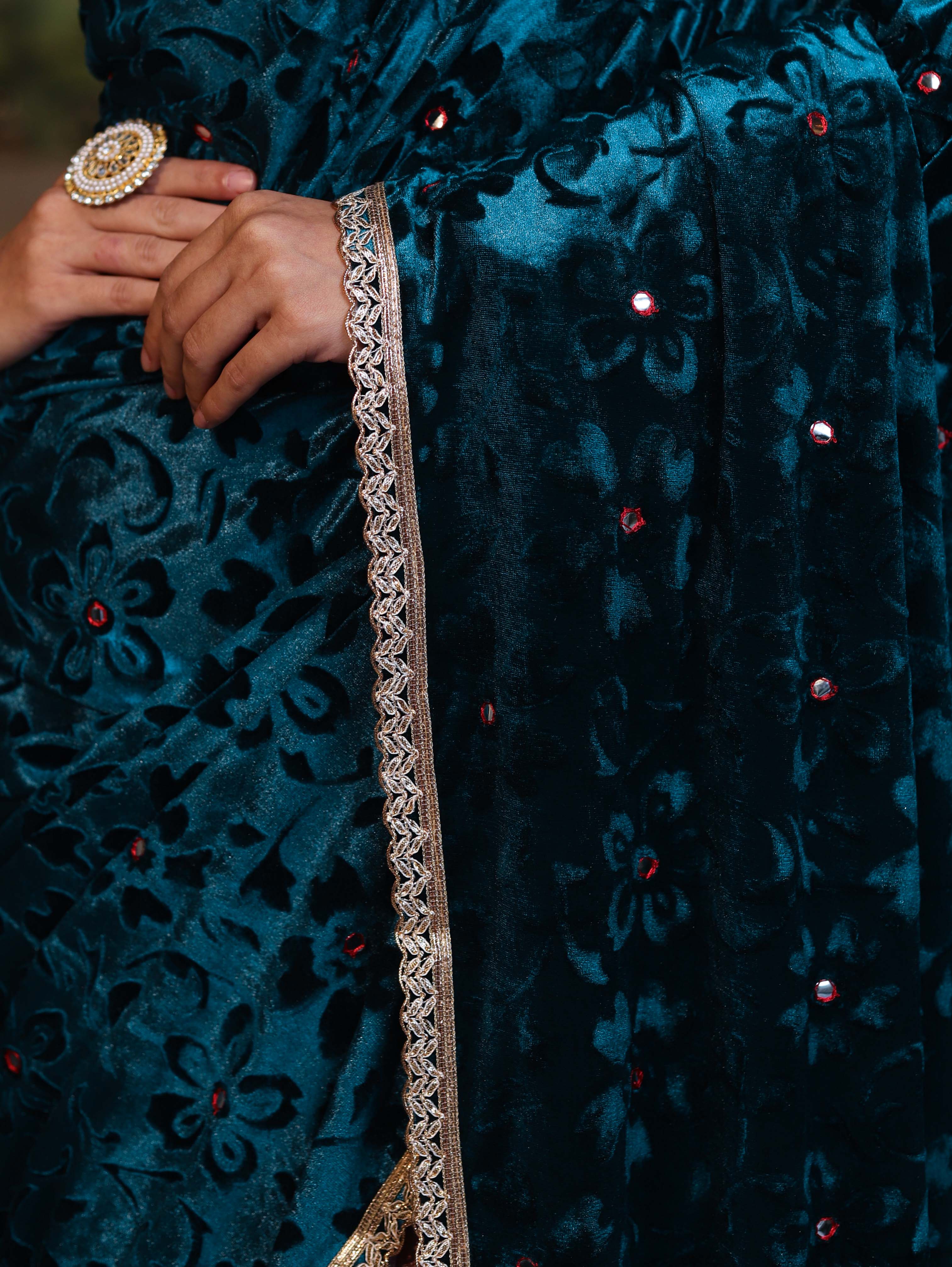 Banarasee Mirror Embroidered Velvet & Tissue Saree-Teal Blue