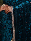 Banarasee Mirror Embroidered Velvet & Tissue Saree-Teal Blue