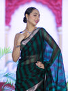 Banarasee Cotton Silk Saree With Stripes Pattern & Floral Zari Border-Deep Green & Black