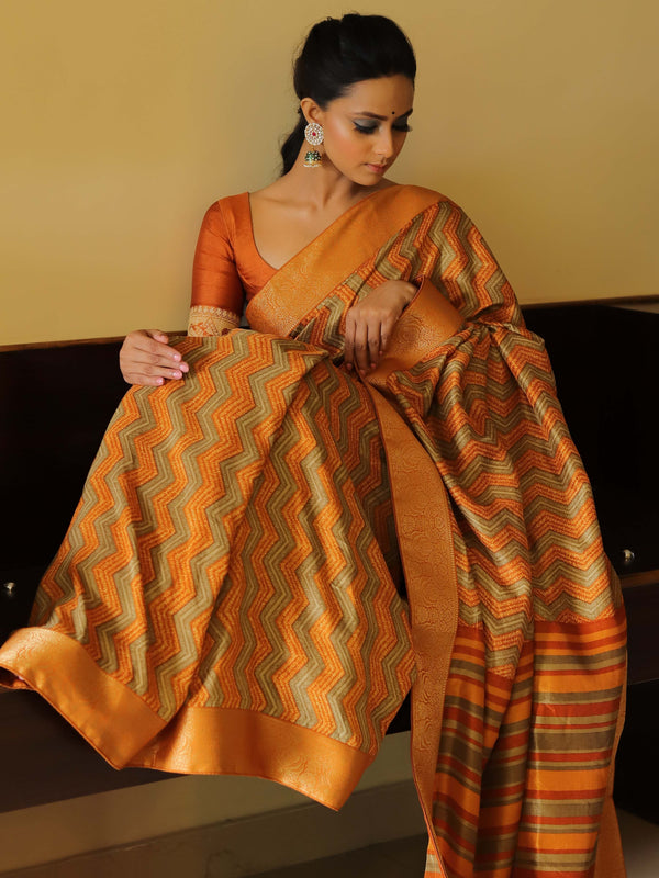 Banarasee Handwoven Semi-Tussar Zig-Zag Pattern Saree-Yellow